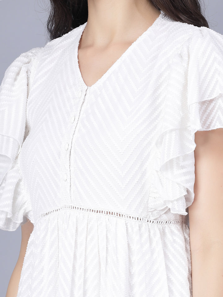 Myshka Georgette Solid Short Sleeve V Neck White Women Dress