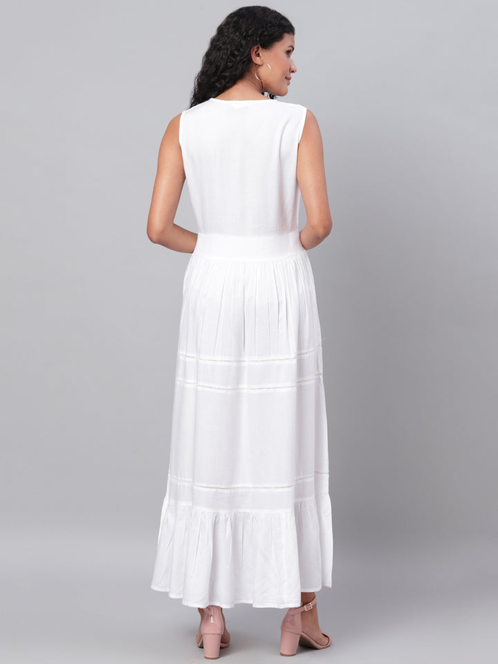 Myshka Women's White Solid Sleeveless Cotton V Neck Casual Dress