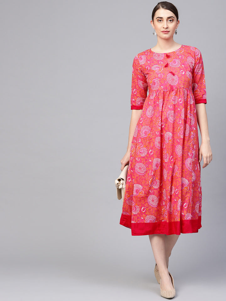 Myshka Women's Pink Cotton Printed Half Sleeve Round Neck Dress
