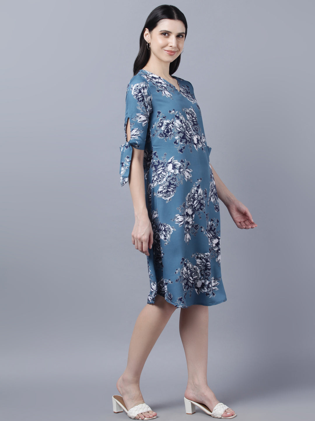 Myshka Women Teal Blue  Grey Printed A-line Dress