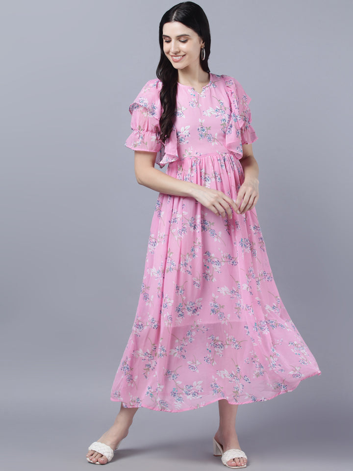 Myshka Women Pink Printed Fit and Flare Dress