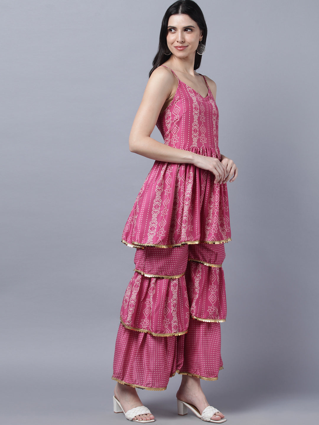 Myshka Stylish Pink  Sleeveless Women's Kurta Sharara with Dupatta Set