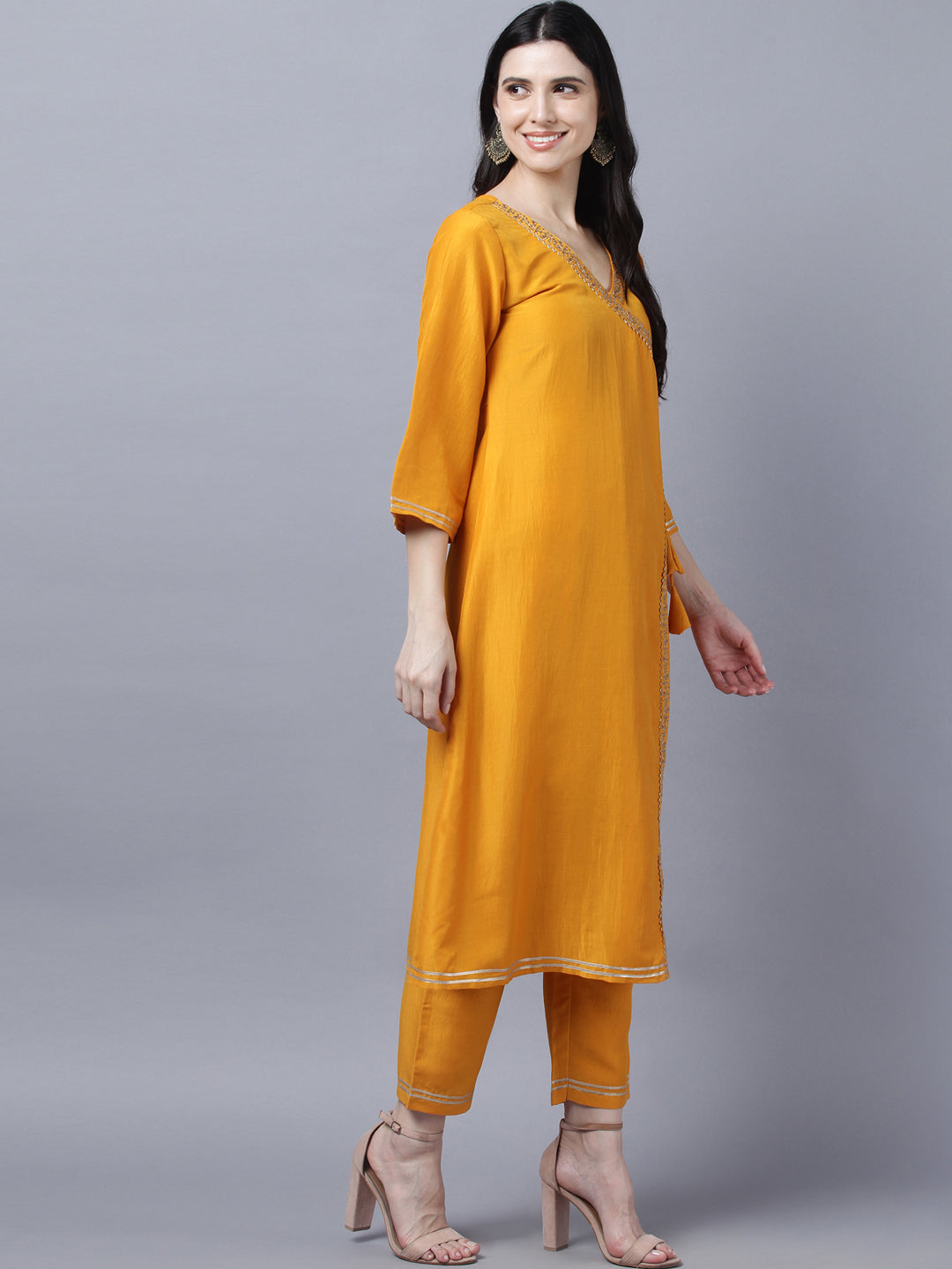 Myshka Stylish Mustard  3/4 Sleeve Women's Kurta Pant with Dupatta Set
