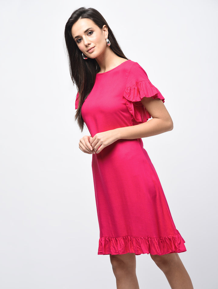 Myshka Women's Pink Rayon Solid Flared sleeve Round Neck Dress