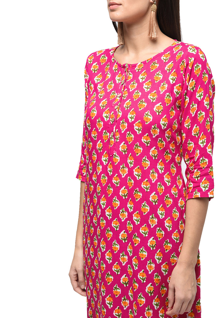 Myshka Women's Pink Rayon Printed Regular Sleeves Round Neck Casual Kurta