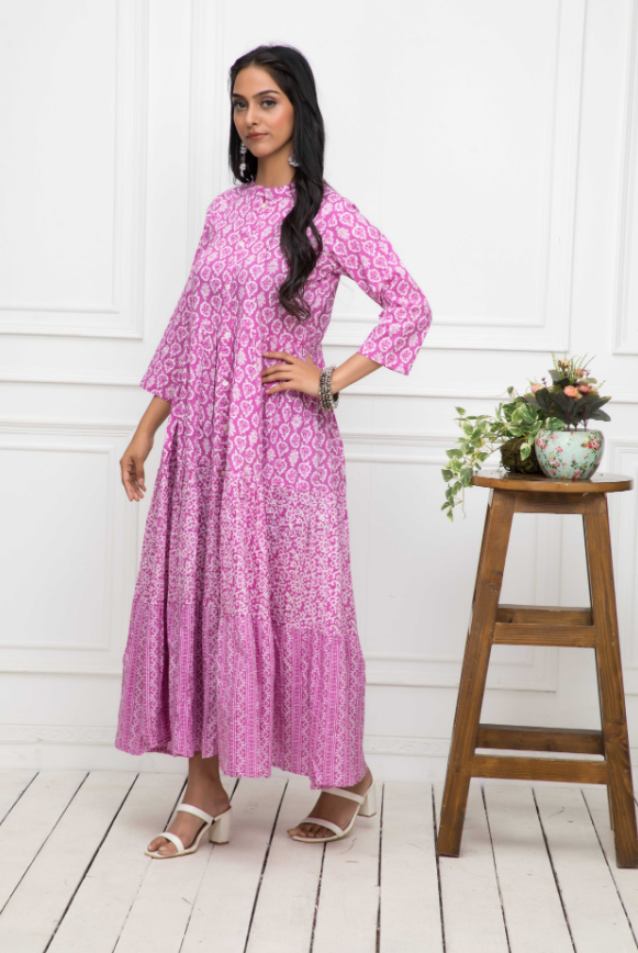 Women's Pink Floral Cotton A-Line Mandarin Collar Long Dress - Myshka