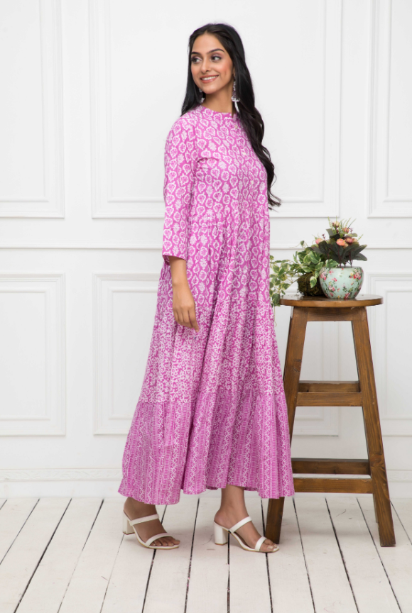 Women's Pink Floral Cotton A-Line Mandarin Collar Long Dress - Myshka