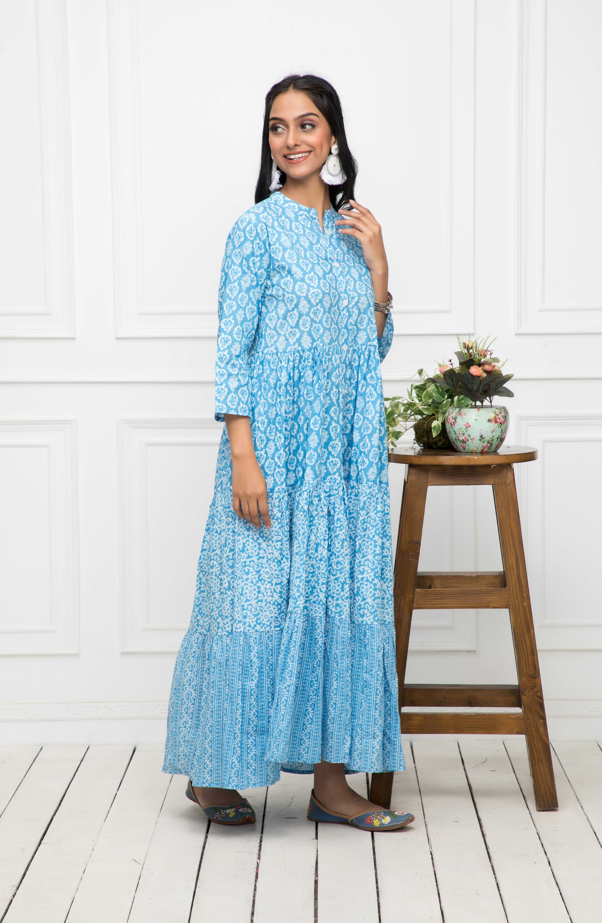 Women's Blue Floral Cotton A-Line Mandarin Collar Long Dress - Myshka