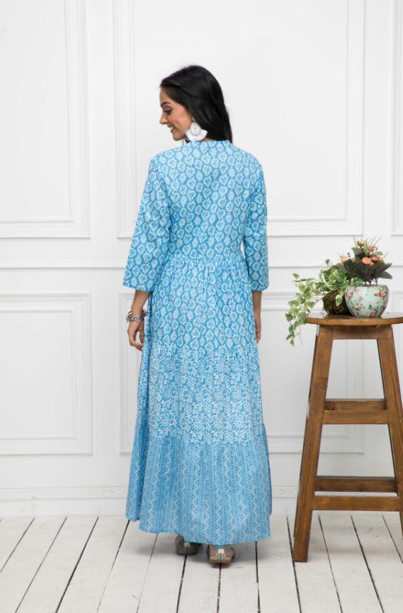 Women's Blue Floral Cotton A-Line Mandarin Collar Long Dress - Myshka