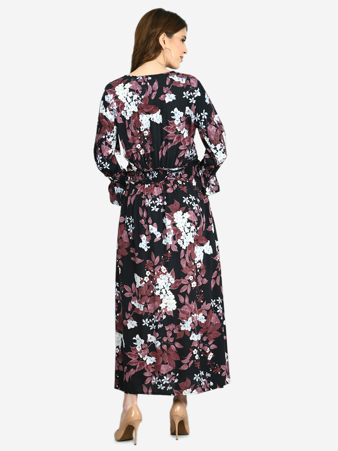 Myshka Women's Multi Rayon Printed Full Sleeve V Neck Casual Dress