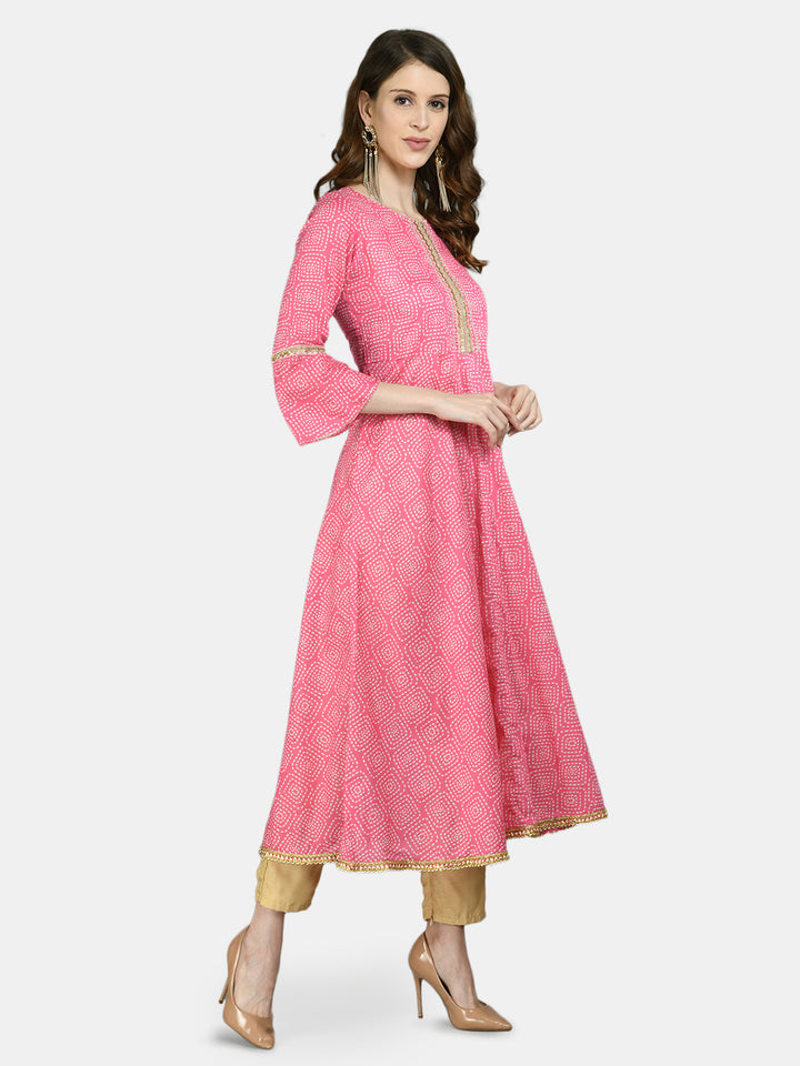 Myshka Women's Pink Cotton Printed 3/4 Sleeve Round Neck Casual Anarkali kurta
