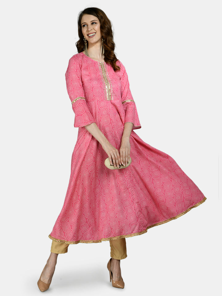 Myshka Women's Pink Cotton Printed 3/4 Sleeve Round Neck Casual Anarkali kurta