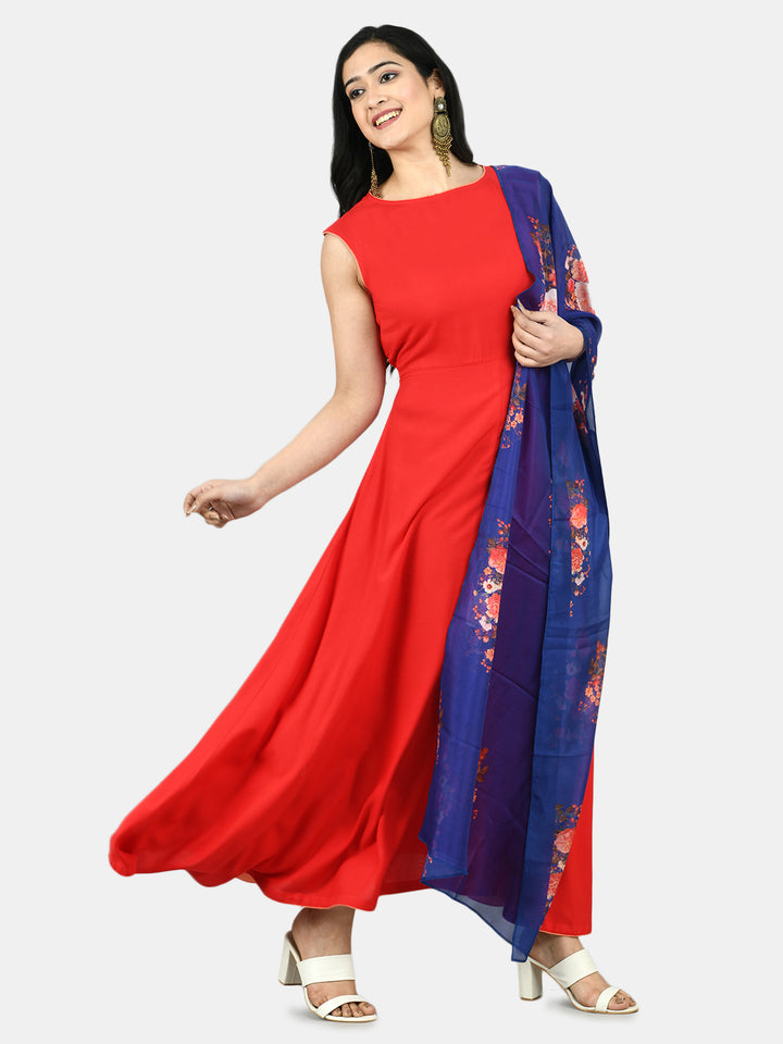 Myshka Women's Red Cotton Solid Sleeveless Round Neck Casual Kurta Dupatta Set