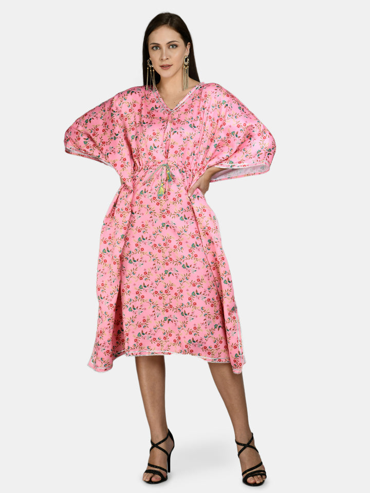 Myshka Women's Pink Polyester Printed Full Sleeve V Neck Casual kaftaan