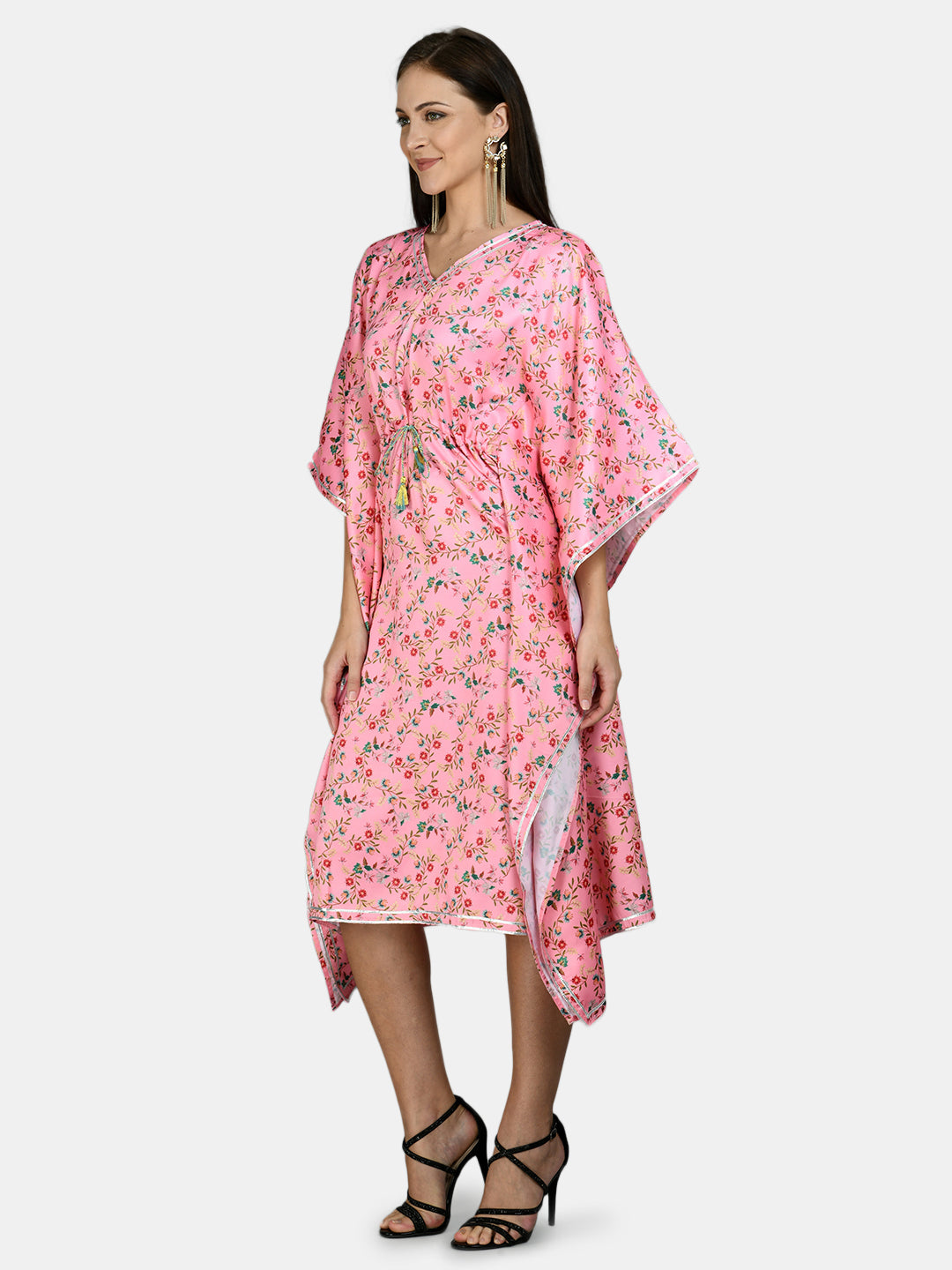 Myshka Women's Pink Polyester Printed Full Sleeve V Neck Casual kaftaan