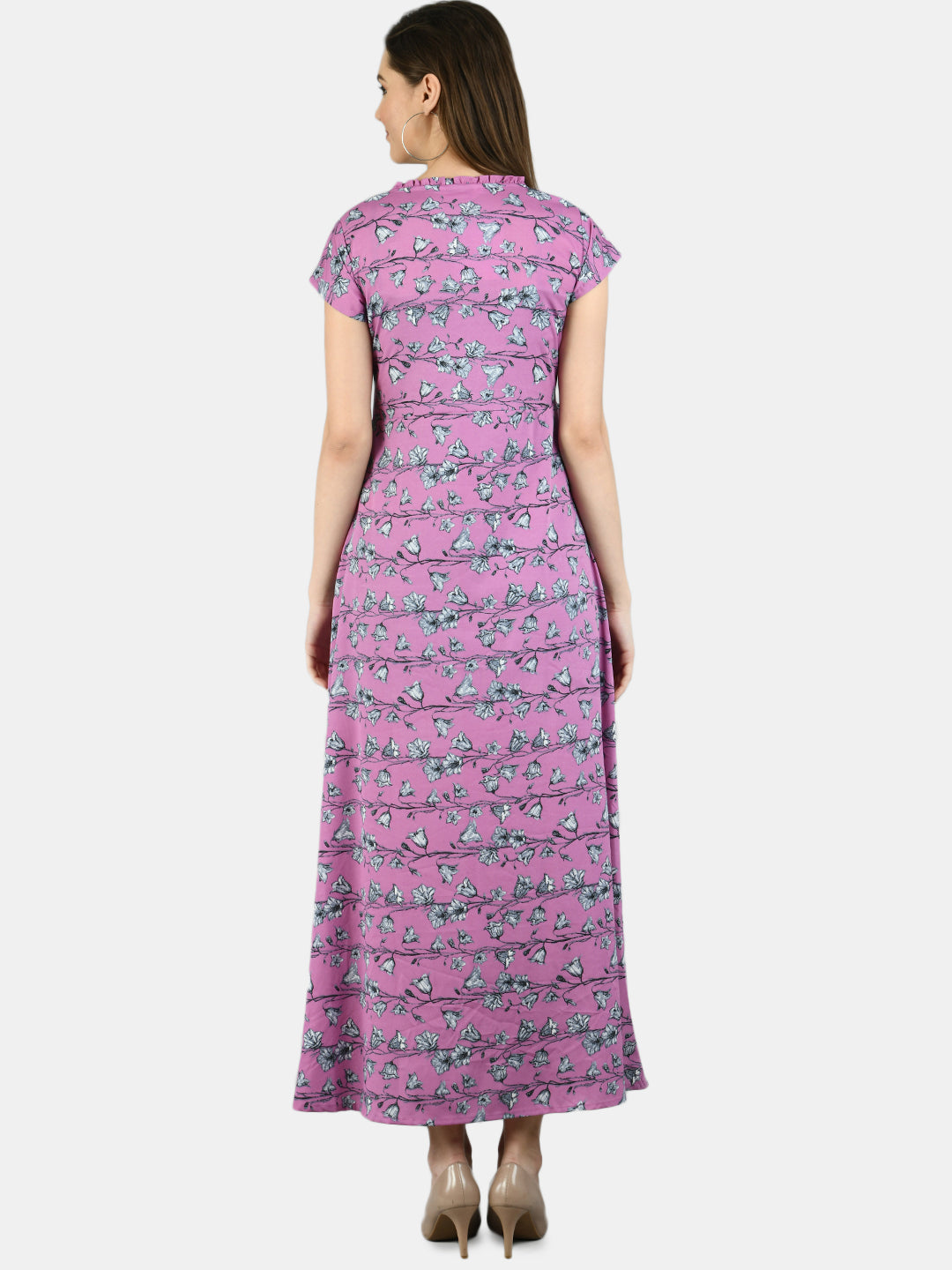 Myshka Women's Purple Polyester Printed Short Sleeve V Neck Casual Dress