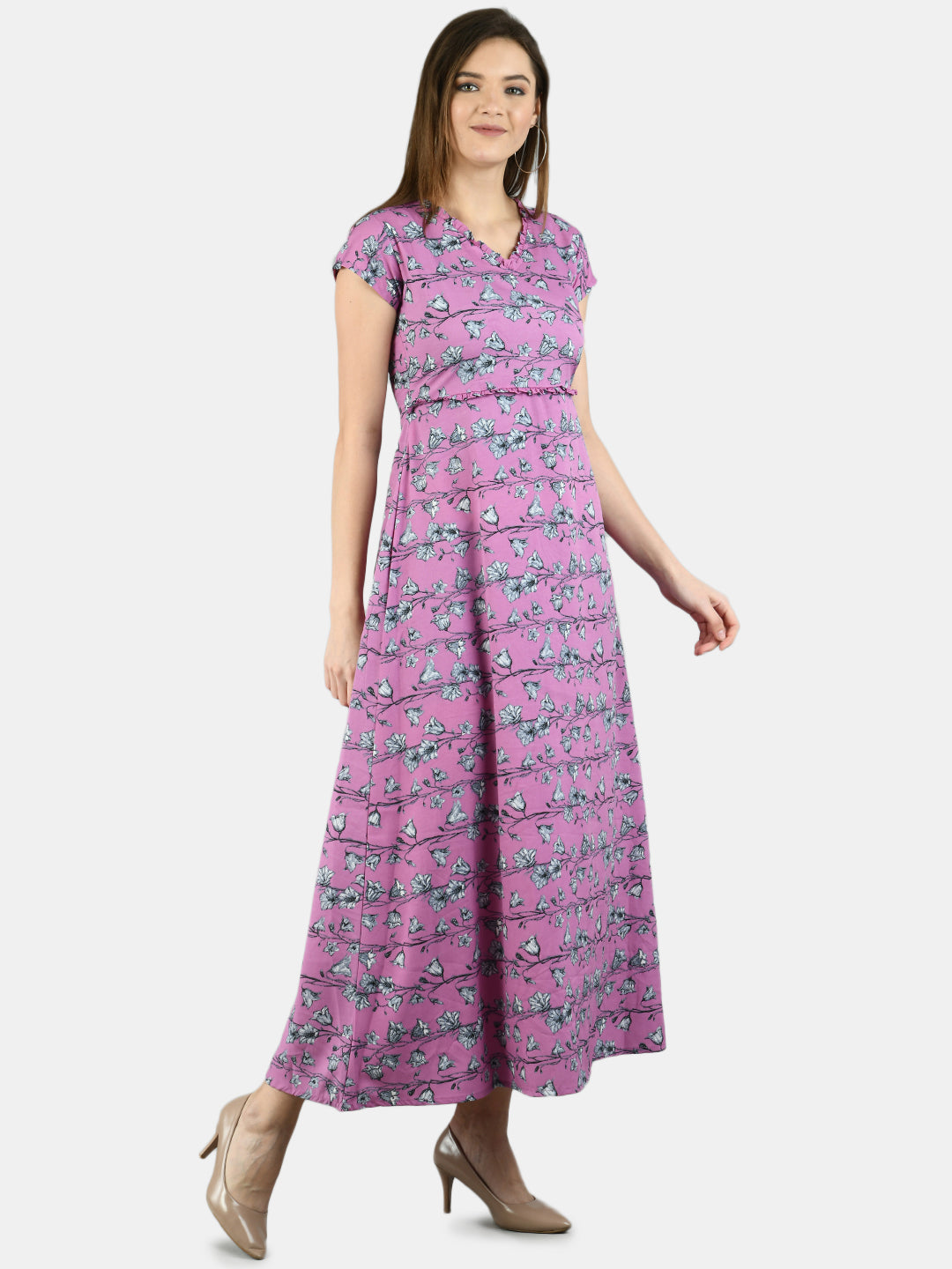 Myshka Women's Purple Polyester Printed Short Sleeve V Neck Casual Dress