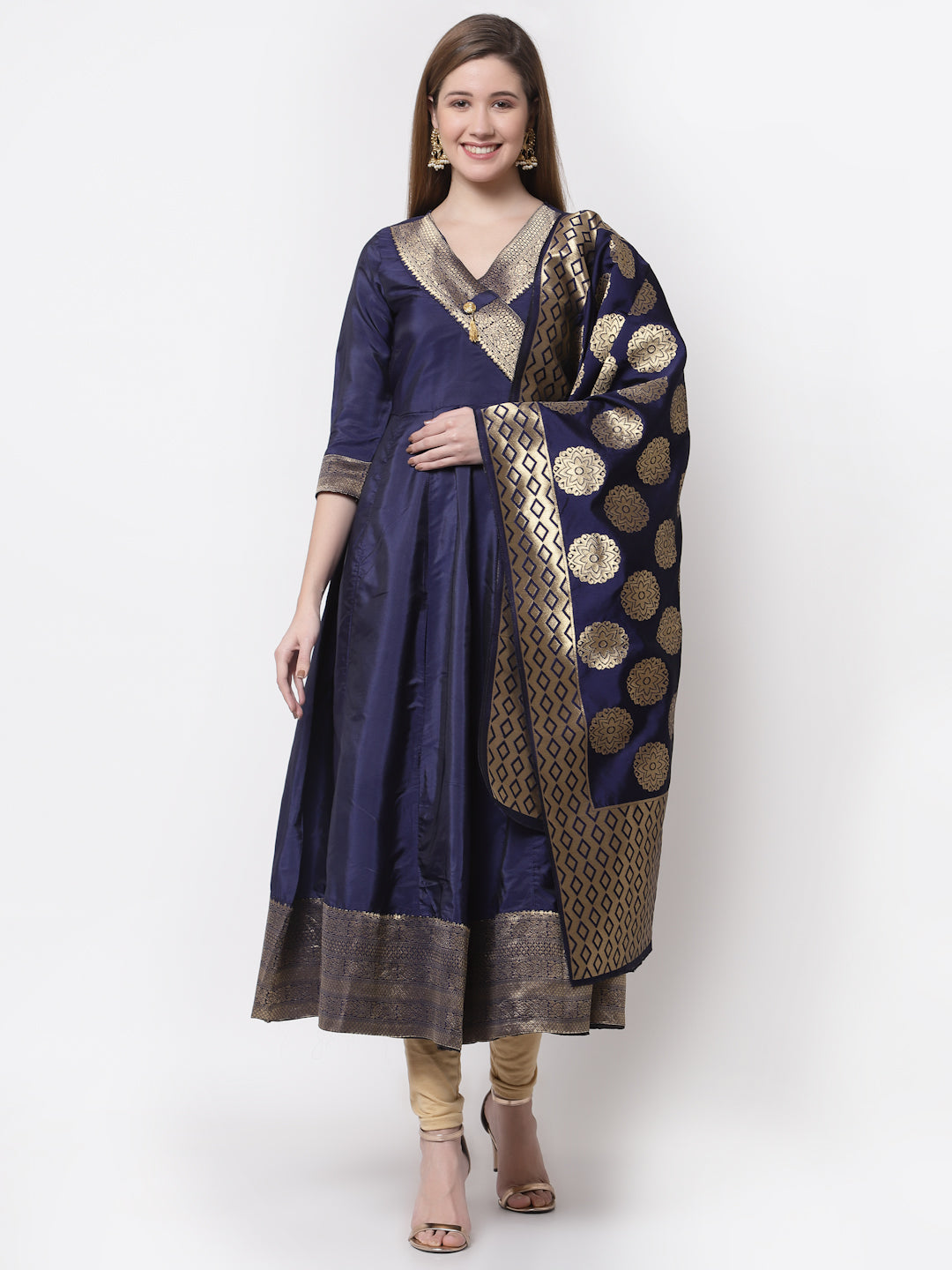 Women's Multi Silk Solid Blue Golden Anarkali Gown