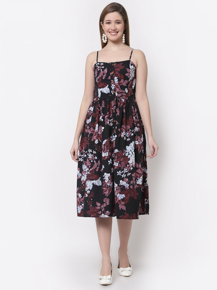 Myshka Women Black & Brown Floral Printed Organic Cotton Midi Dress
