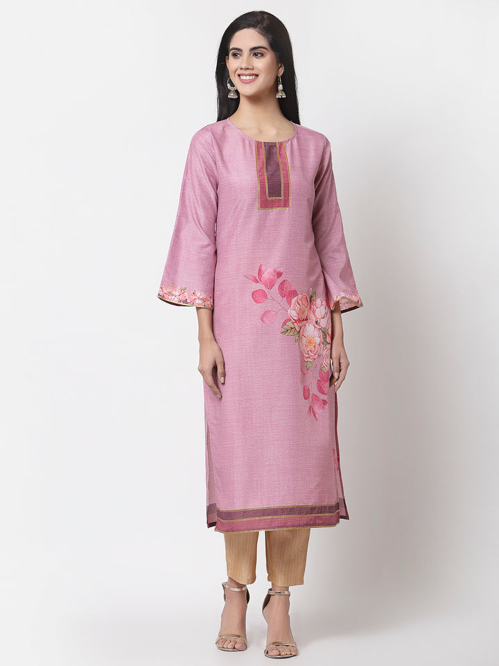 Myshka Women's Pink Cotton Printed Full Sleeve Round Neck Casual Kurta
