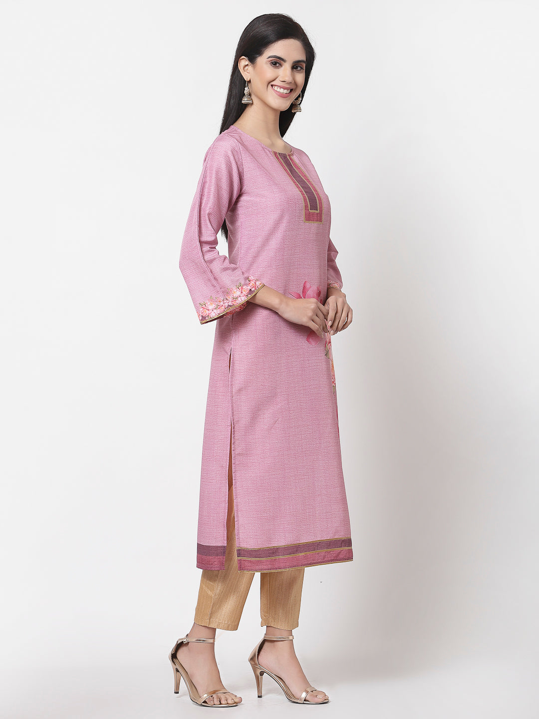 Myshka Women's Pink Cotton Printed Full Sleeve Round Neck Casual Kurta