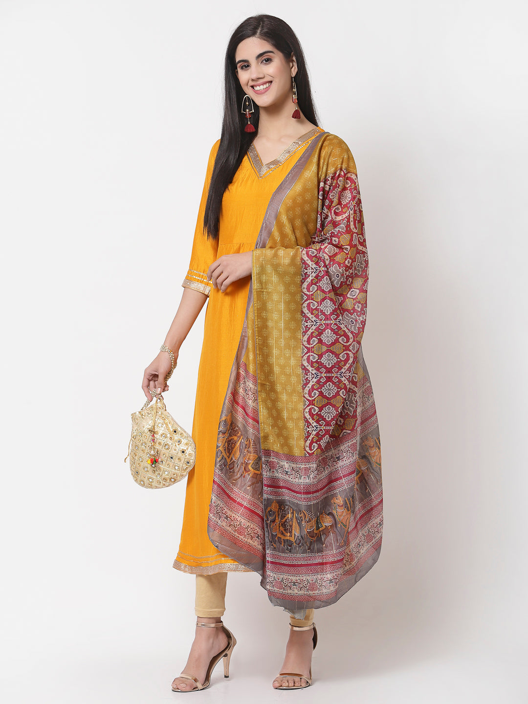 Myshka Women's Yellow Printed Silk Blend 3/4 Sleeve V Neck Casual Kurta Dupatta Set