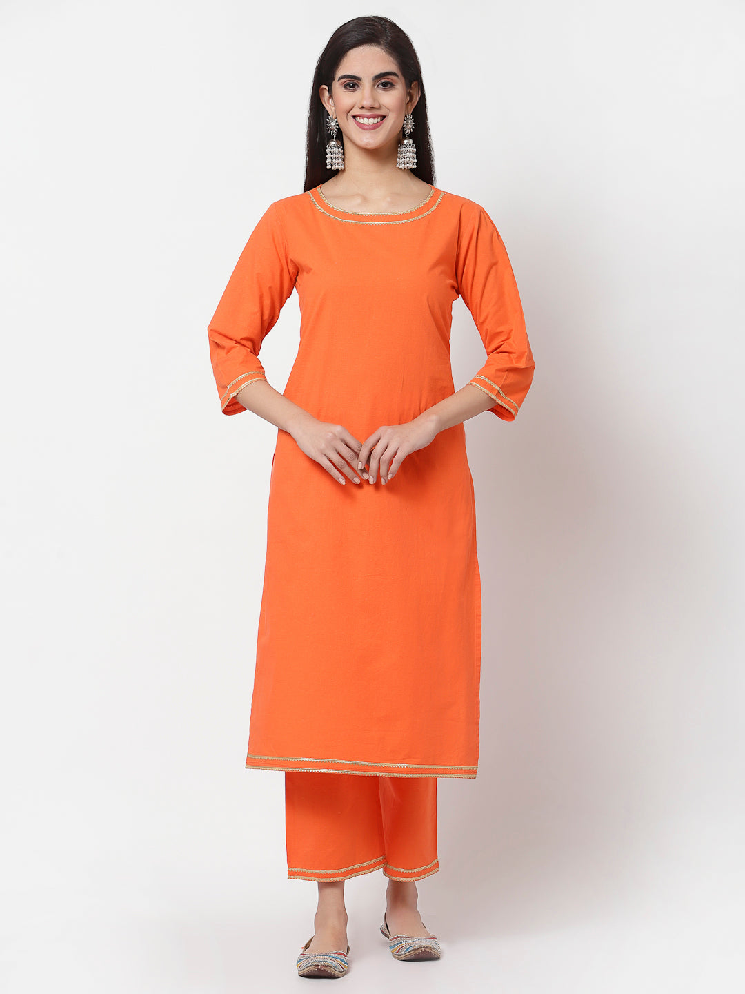 Myshka-Women's-Orange-Solid-Cotton--Round-Neck-Casual-Kurta-Pant-Dupatta-Set-