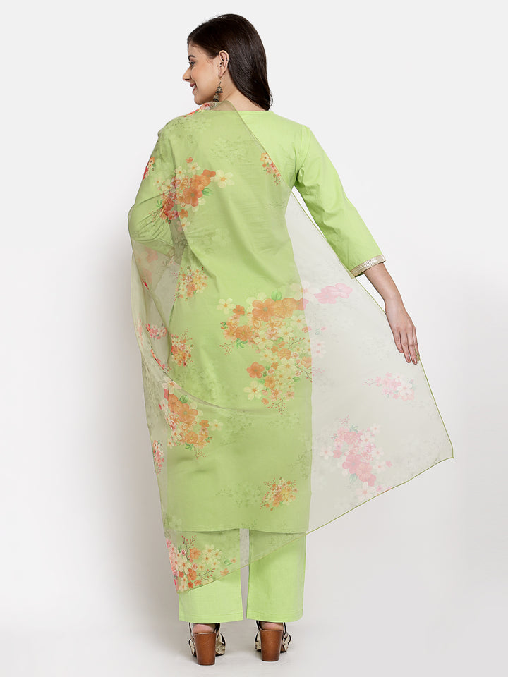 Myshka Women's Green Cotton Solid 3/4 Sleeve V Neck Casual Kurta Pant Dupatta Set