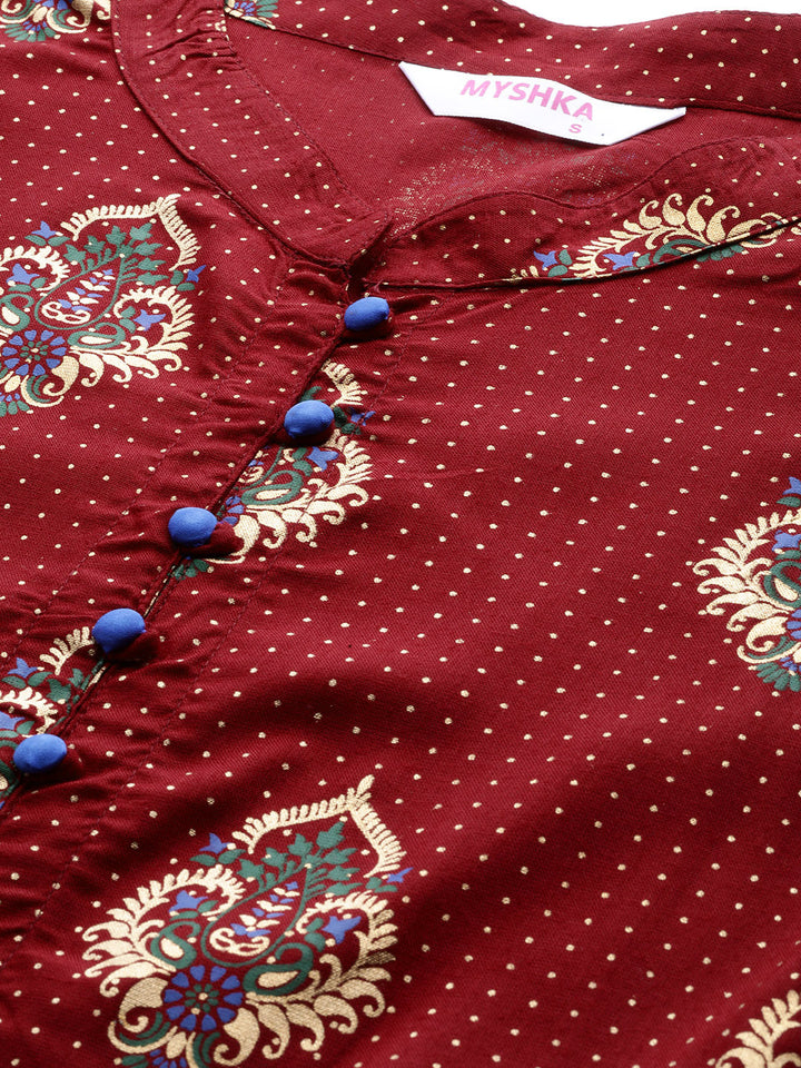 Myshka Women's Maroon Cotton Printed Half Sleeve Casual Dress