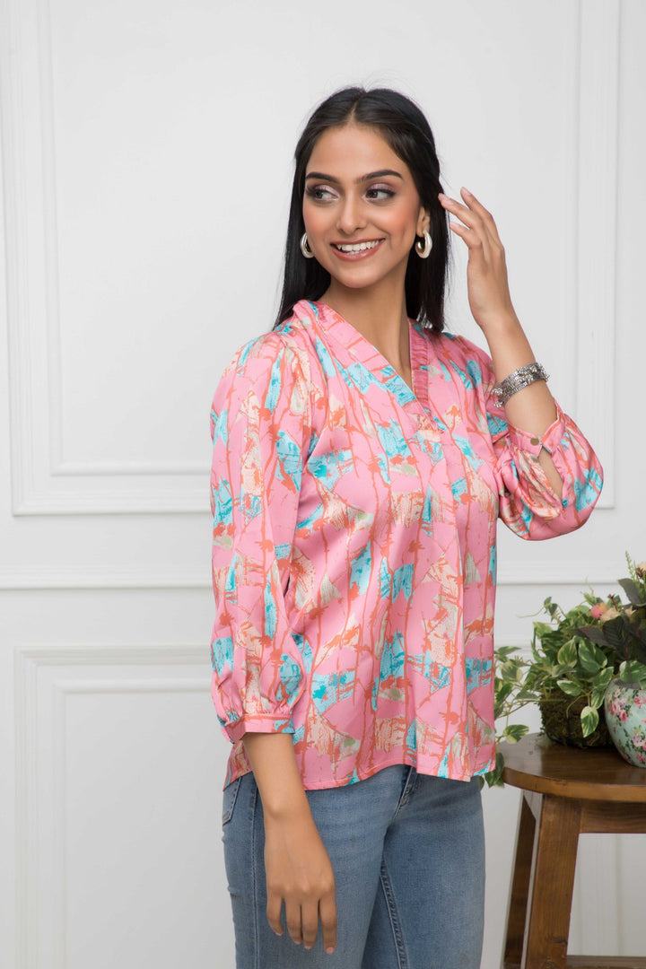 Women's Multi Floral V-Neck Regular Sleeves Polyester Top - Myshka