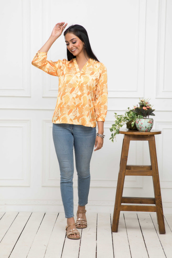 Women's Mustard Floral V-Neck Regular Sleeves Polyester Top - Myshka
