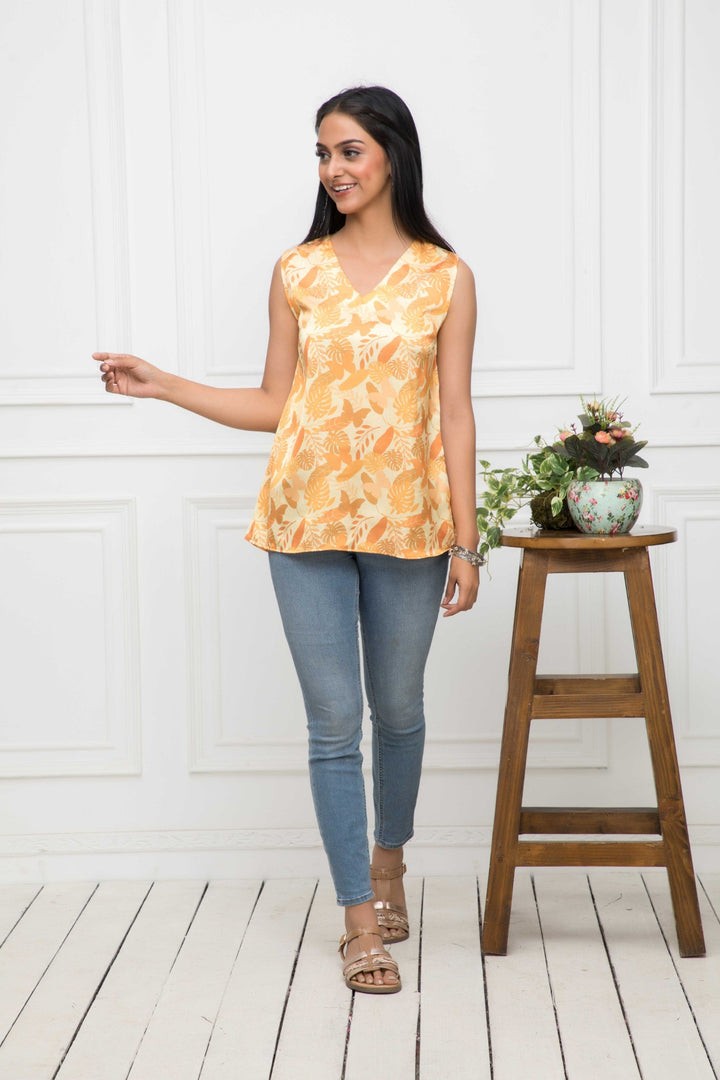 Women's Mustard Floral V-Neck No Sleeves Polyester Top - Myshka