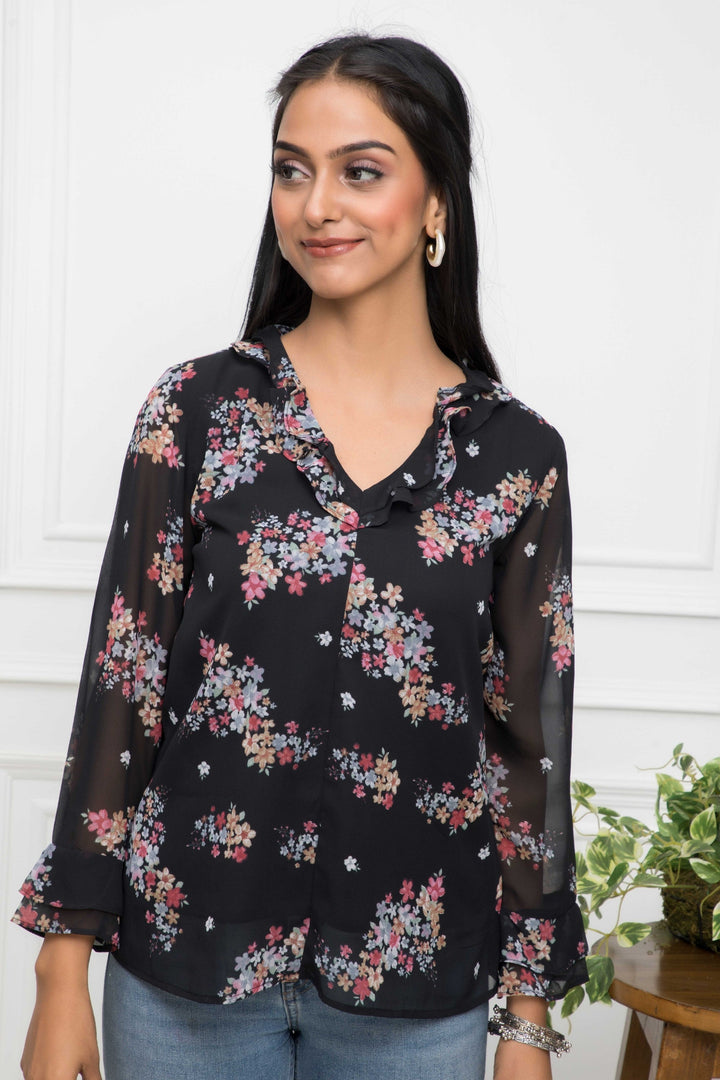 Women's Black Floral V-Neck Regular Sleeves Synthetic Georgette Top - Myshka