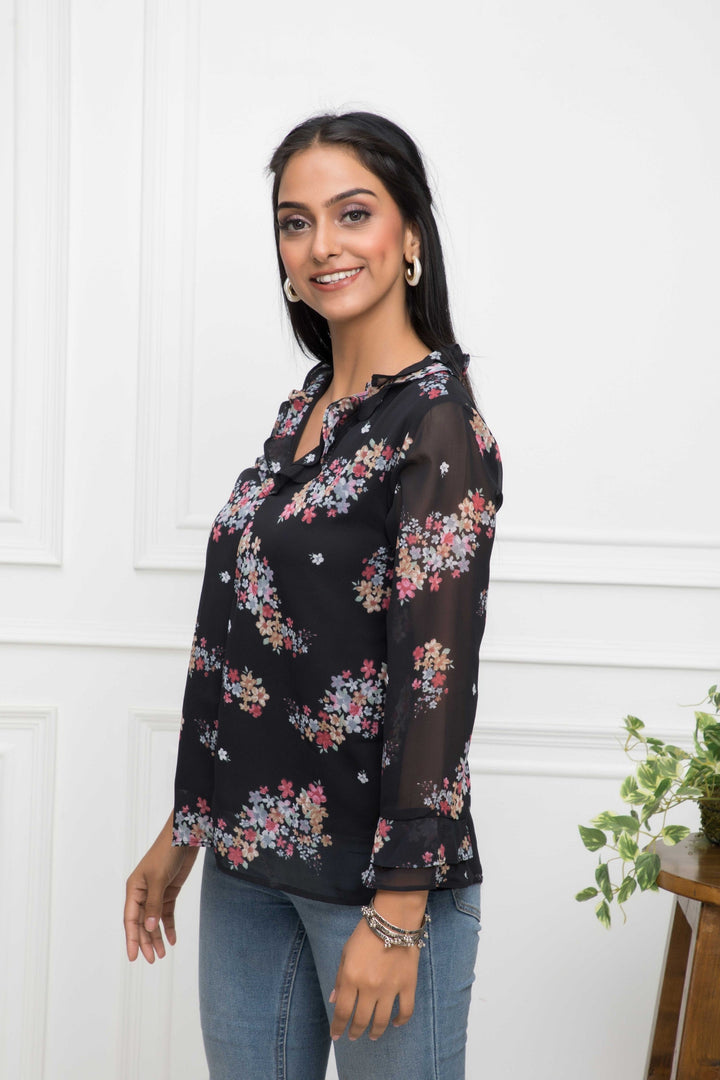 Women's Black Floral V-Neck Regular Sleeves Synthetic Georgette Top - Myshka
