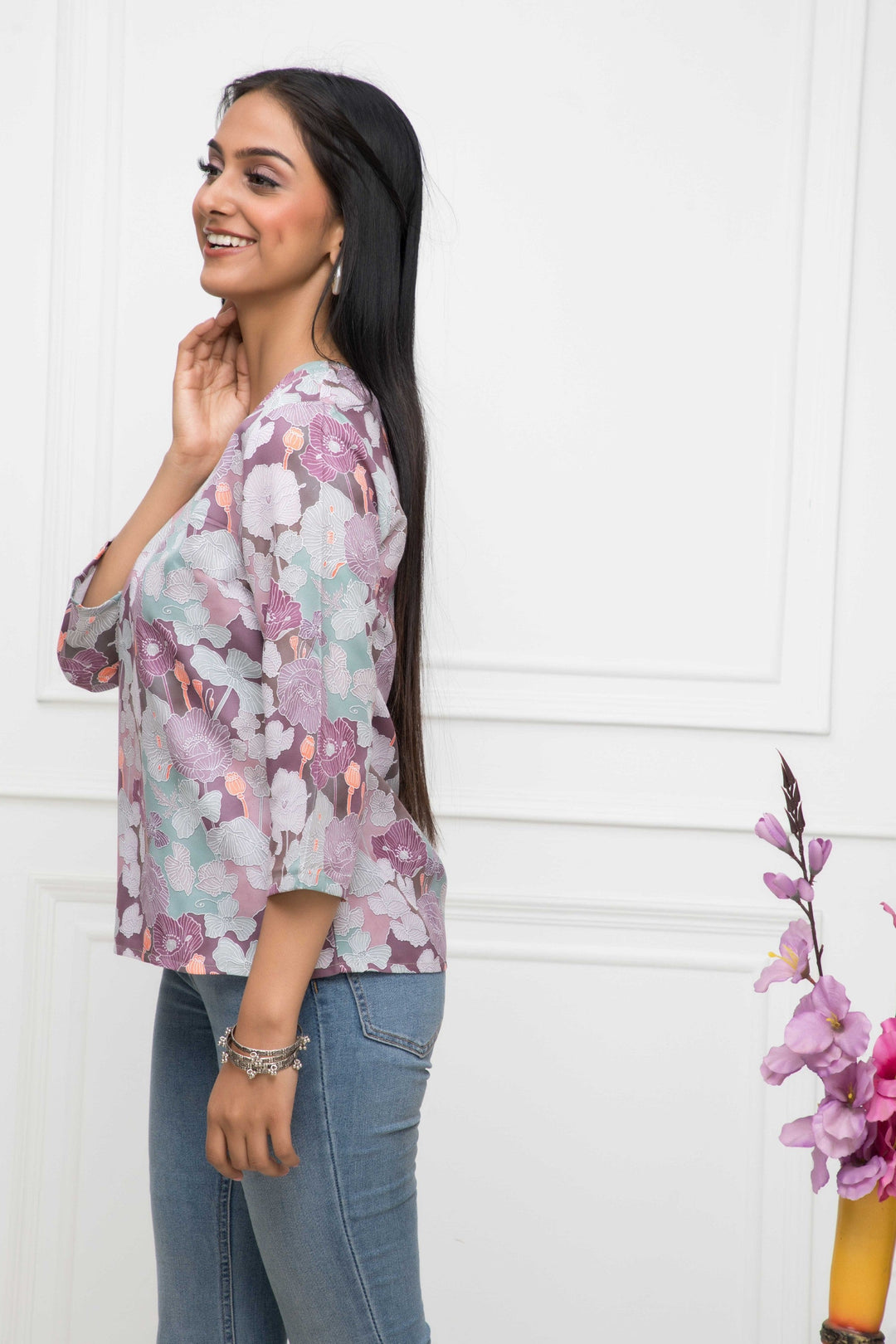 Women's Multi Floral V-Neck Regular Sleeves Viscose Rayon Top - Myshka