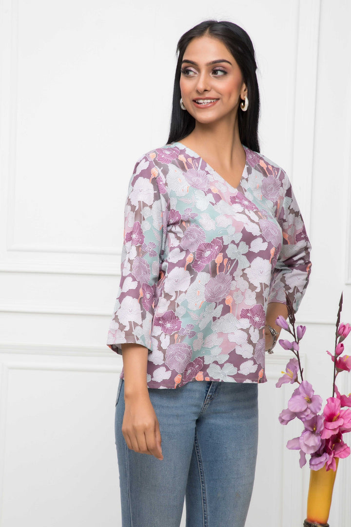 Women's Multi Floral V-Neck Regular Sleeves Viscose Rayon Top - Myshka