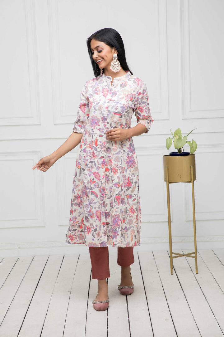 Women's Multi Floral Cotton A-Line Round Neck Kurtas - Myshka