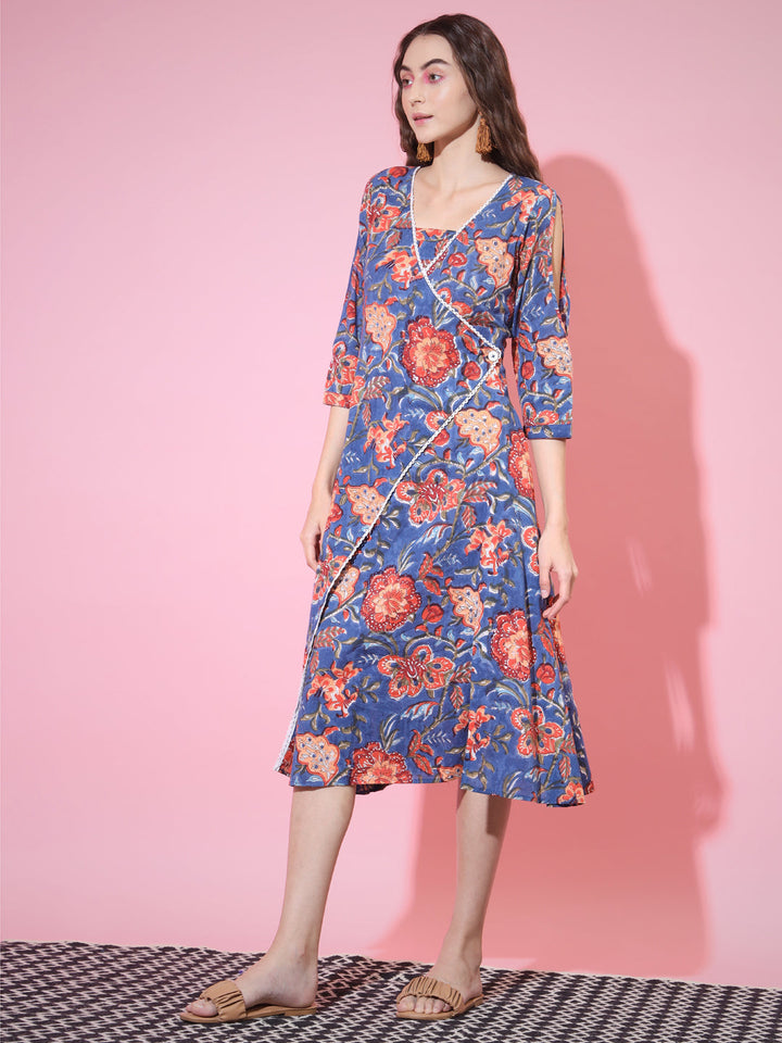 Women's Blue Floral Printed A-Line Dress - Myshka