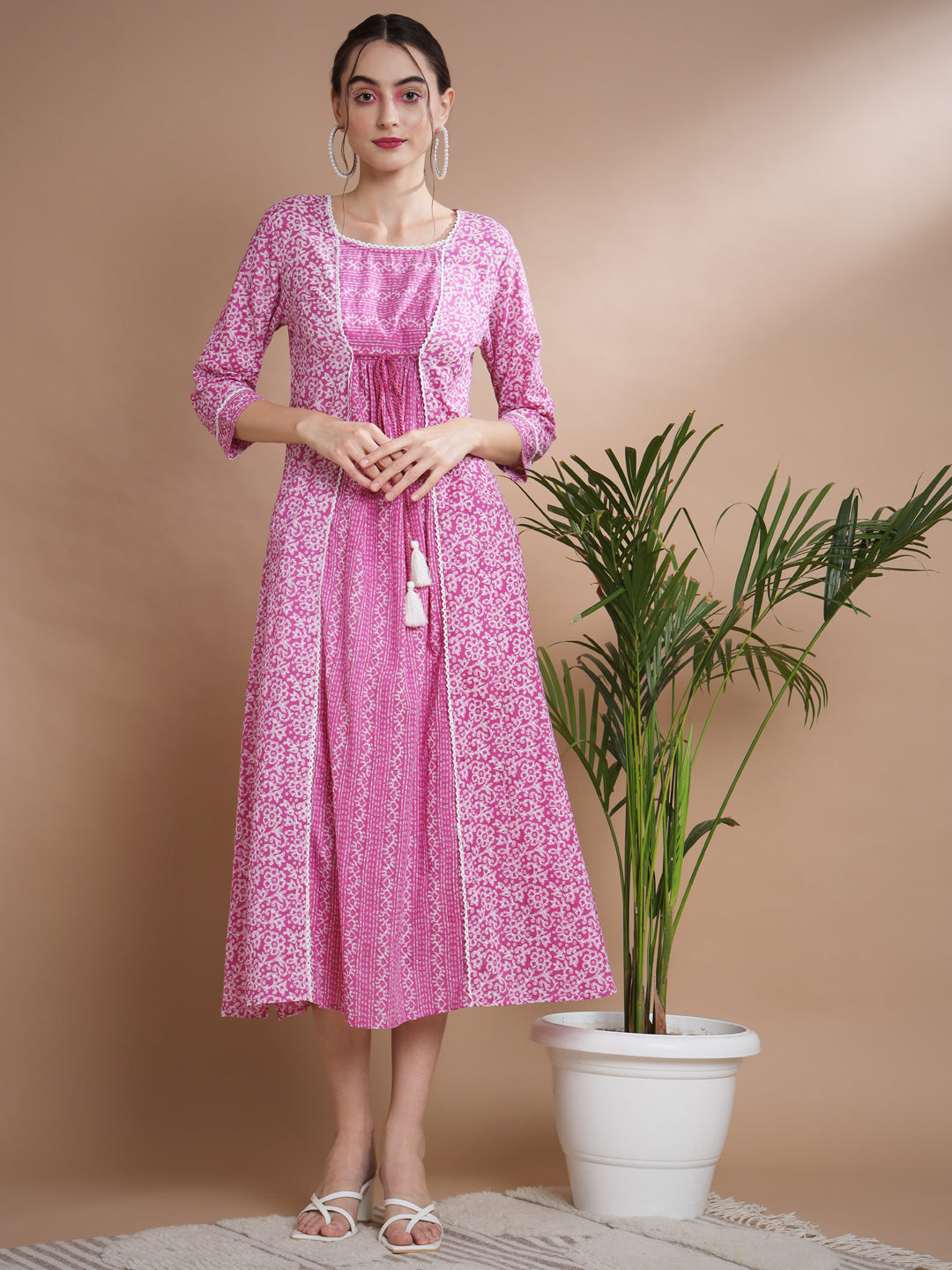 Women's Pink Floral Printed Gown Dress - Myshka