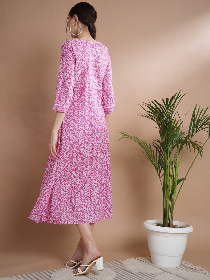 Women's Pink Floral Printed Gown Dress - Myshka