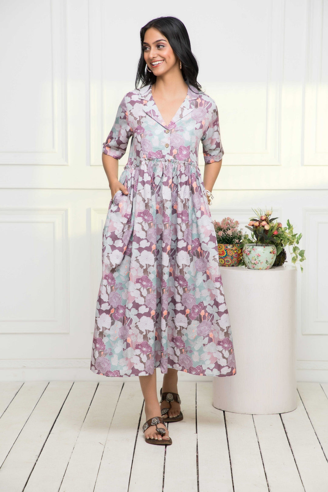 Women's Multi Floral Rayon A-Line V-Neck Dress - Myshka