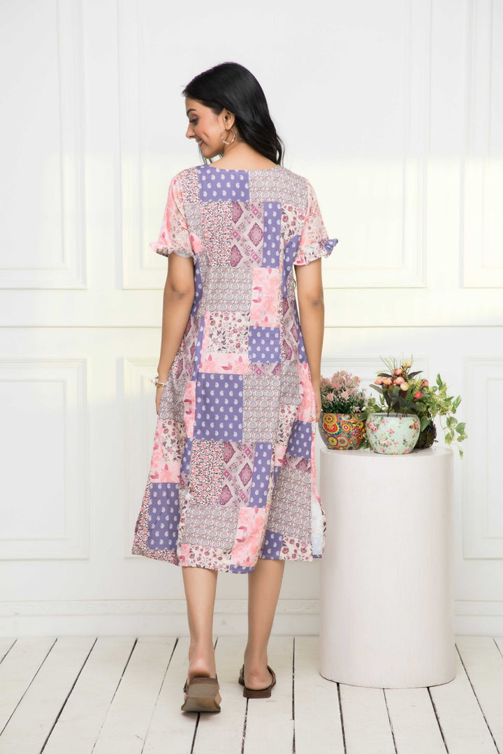 Women's Multi Geometric Rayon A-Line Round Neck Dress - Myshka