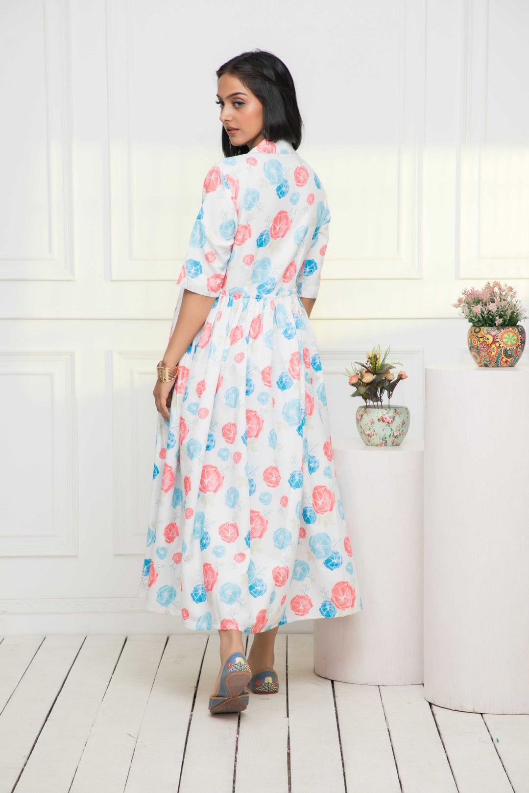 Women's Multi Floral Rayon A-Line V-Neck Dress - Myshka
