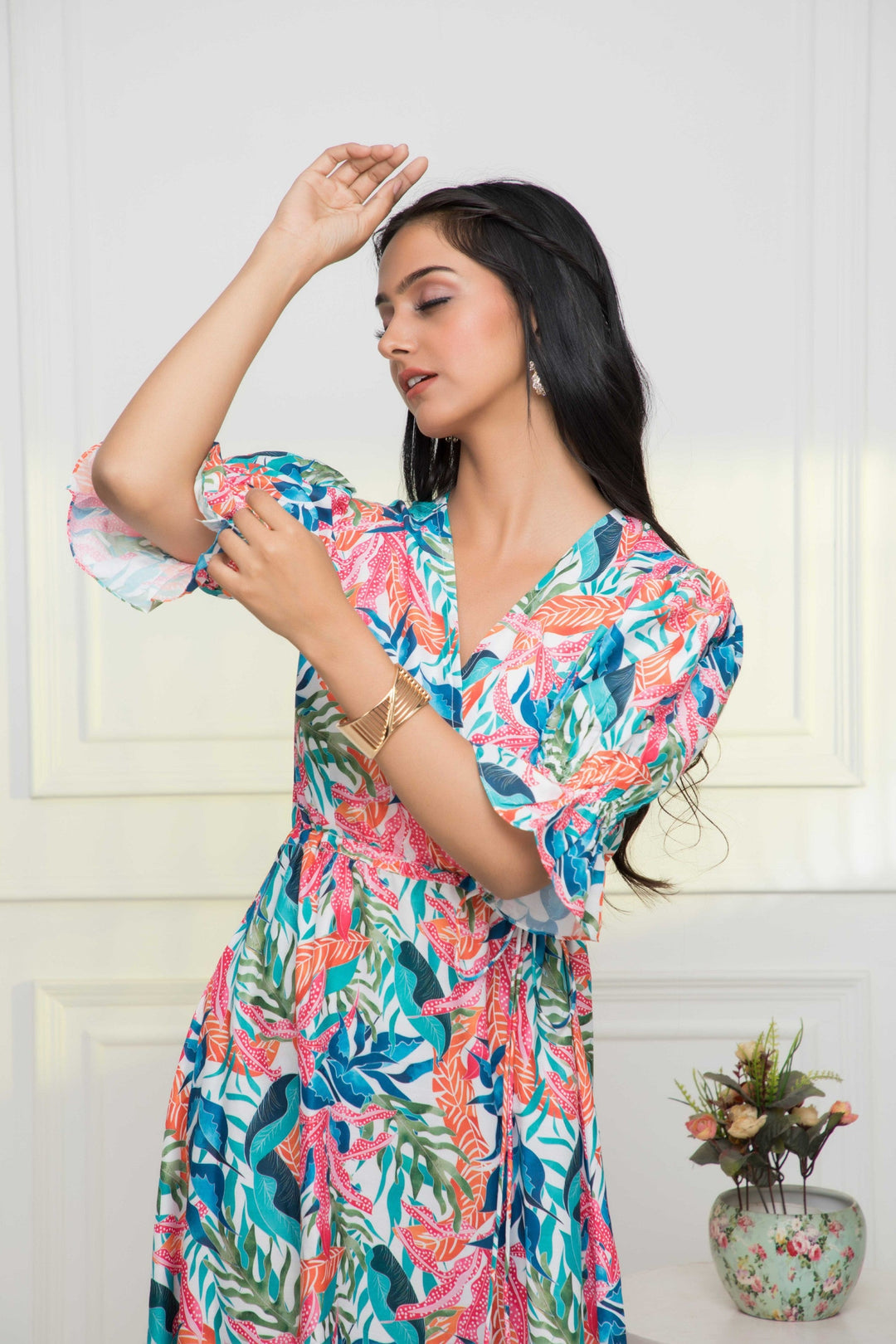 Women's Multi Floral Polyester A-Line V-Neck Dress - Myshka