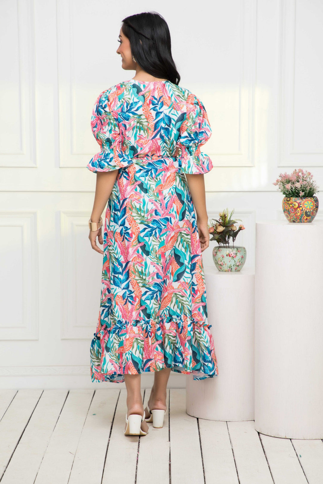 Women's Multi Floral Polyester A-Line V-Neck Dress - Myshka