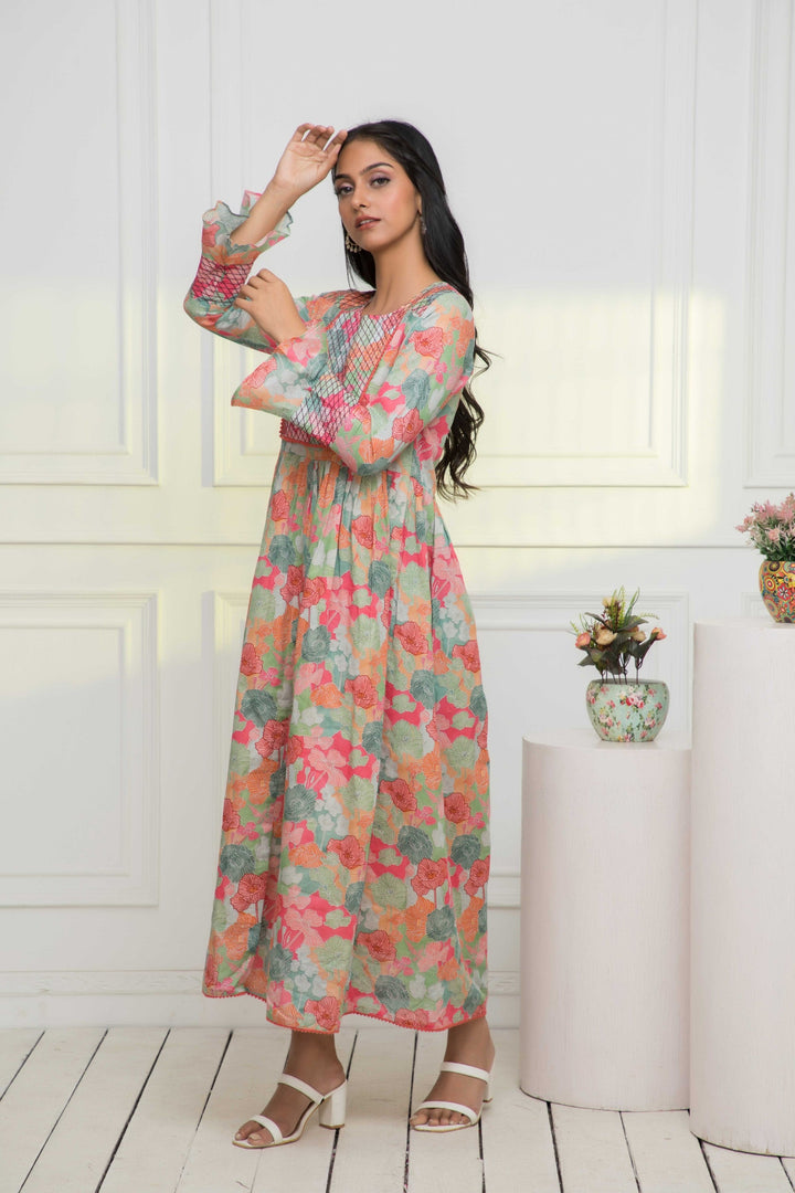 Women's Multi Floral Rayon A-Line Round Neck Dress - Myshka