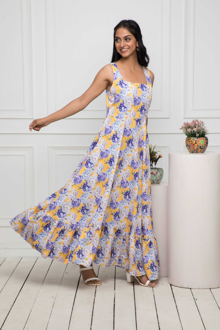 Women's Multi Floral Rayon A-Line Round Neck Dress - Myshka