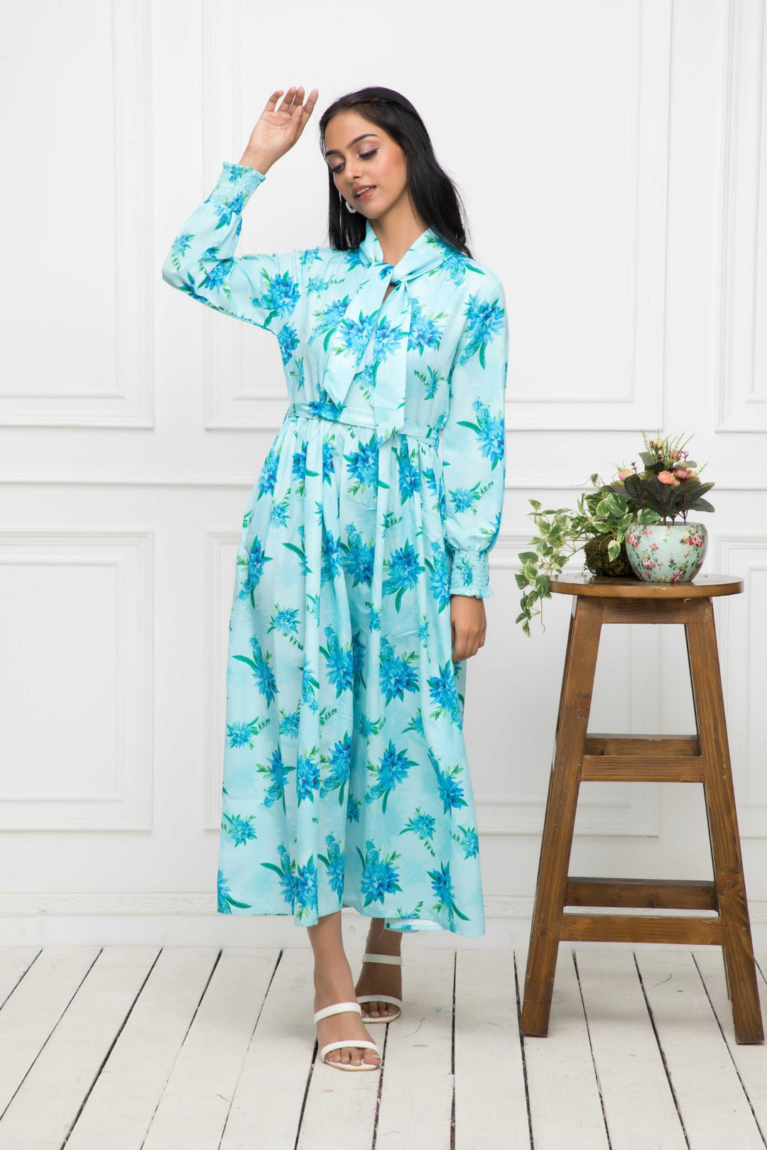 Women's Blue Floral Rayon A-Line Shirt Collar Dress - Myshka