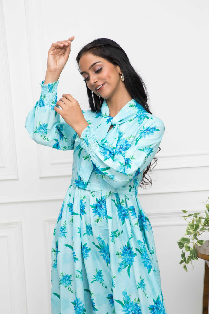 Women's Blue Floral Rayon A-Line Shirt Collar Dress - Myshka