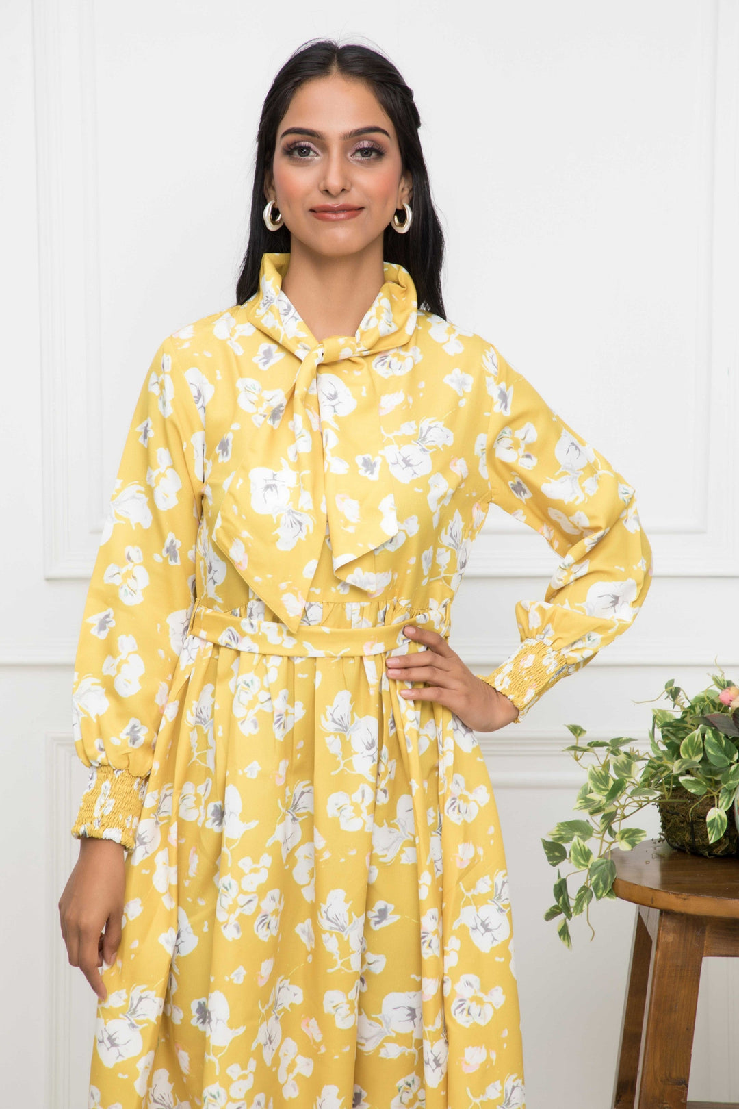 Women's Yellow Floral Rayon A-Line Shirt Collar Dress - Myshka